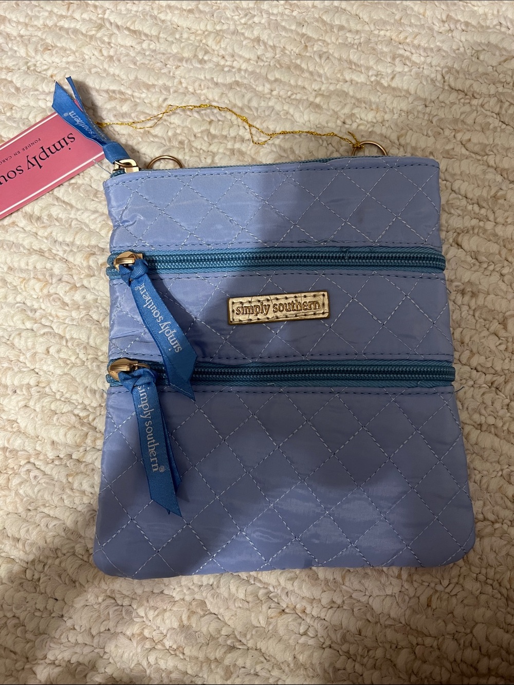 Simply Southern Quilted Light Lavender Crossbody Bag with Teal Zippers